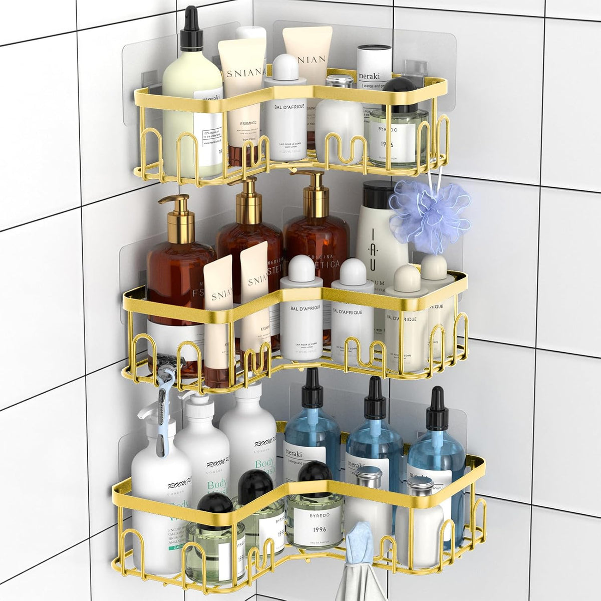 3 Pack Adhesive Corner Shower Shelf with 18 Hooks, No Drilling and Quick Dry Shower Organizer with Large Capacity, Stainless Steel Corner Storage Shelf