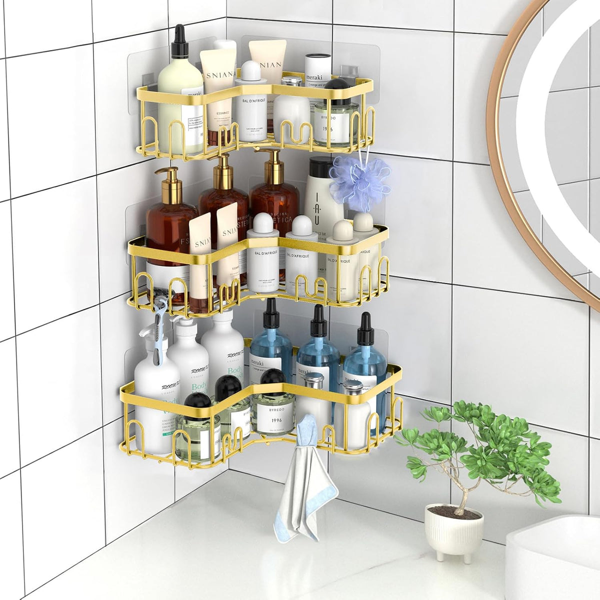 3 Pack Adhesive Corner Shower Shelf with 18 Hooks, No Drilling and Quick Dry Shower Organizer with Large Capacity, Stainless Steel Corner Storage Shelf