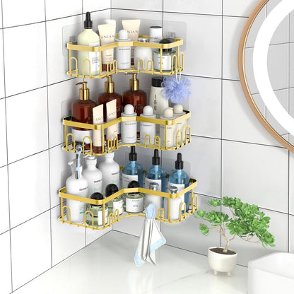 3 Pack Adhesive Corner Shower Shelf with 18 Hooks, No Drilling and Quick Dry Shower Organizer with Large Capacity, Stainless Steel Corner Storage Shelf