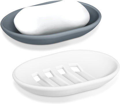 Silicone Soap Dish, Set of 2 Soap Boxes with Drainage, Non-Slip and Portable Soap Holder, Kitchen Bathroom Shower Soap Dish – Grey & White