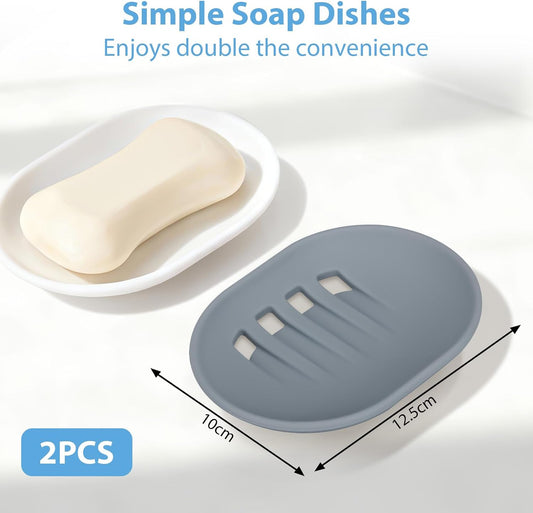 Silicone Soap Dish, Set of 2 Soap Boxes with Drainage, Non-Slip and Portable Soap Holder, Kitchen Bathroom Shower Soap Dish – Grey & White
