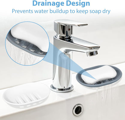 Silicone Soap Dish, Set of 2 Soap Boxes with Drainage, Non-Slip and Portable Soap Holder, Kitchen Bathroom Shower Soap Dish – Grey & White