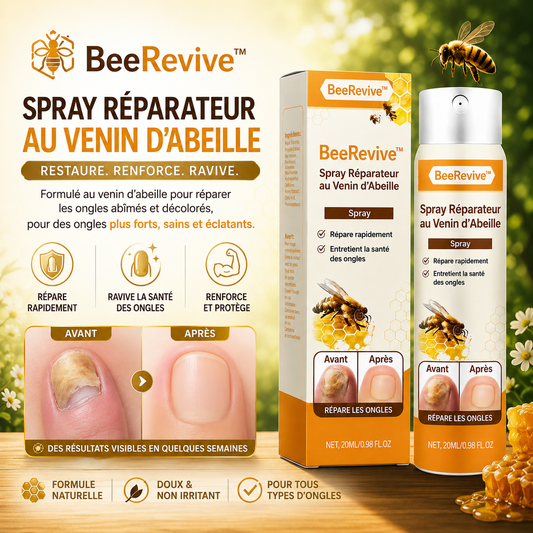 Spray réparateur pour ongles au venin d'abeille BeeRevive™ | Restaurez les ongles abîmés et décolorés grâce à une formule au venin d'abeille à absorption rapide – pour des ongles plus sains et plus forts en quelques semaines.